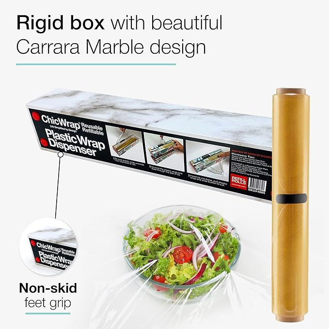 Chicwrap Carrara Marble Refillable Plastic Wrap Dispenser - One 12" x 250' Roll of Professional Grade Plastic Wrap - BPA Free and Kosher Certified - Reusable Dispenser w/Slide Cutter