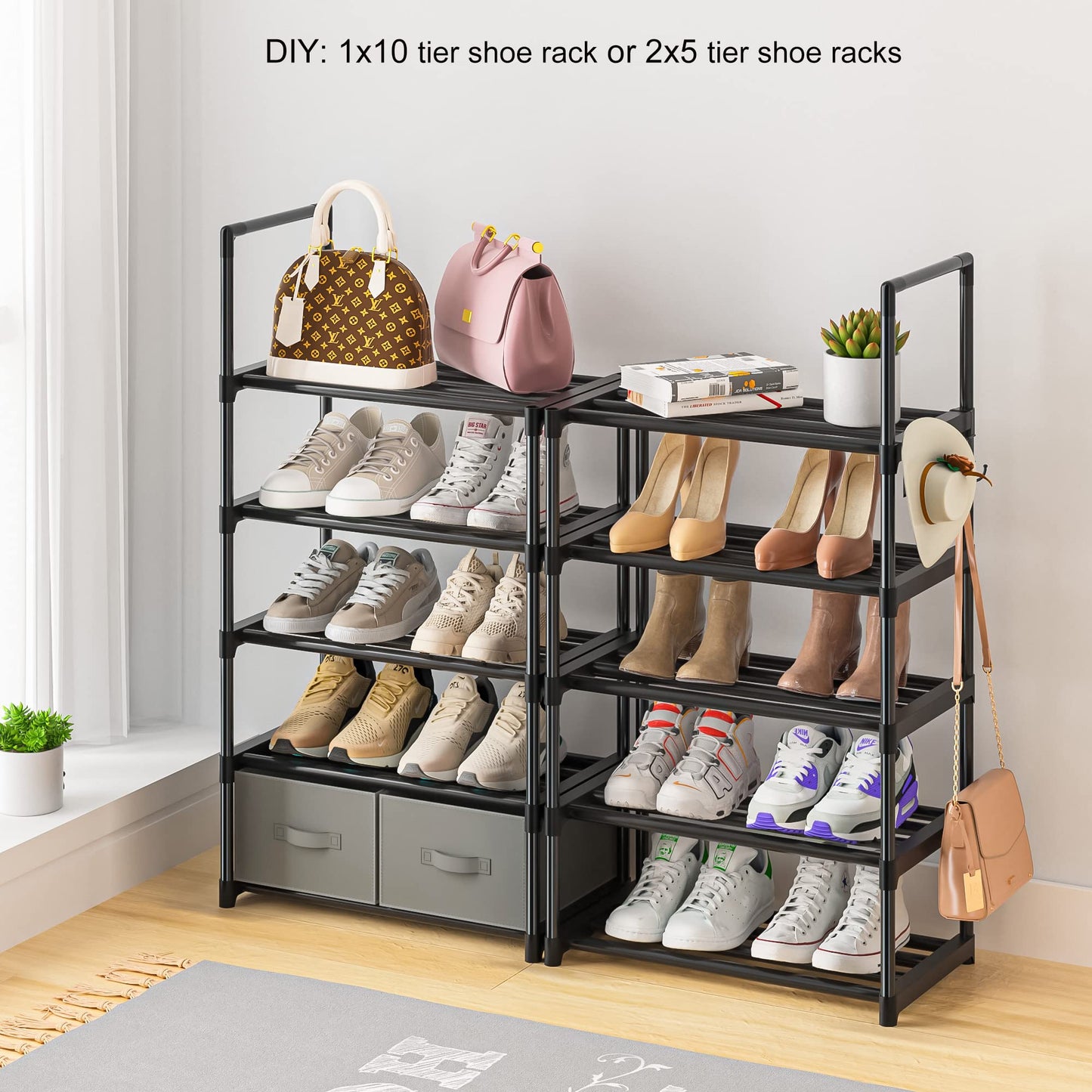 OYREL Tall Shoe Rack Narrow 10 Tier Shoes Rack 20 25 Pairs, Shoe Storage Organizer for Closet, Sturdy Metal Shoe Shelf Shoe Stand with 2 Boxes 1 Hook