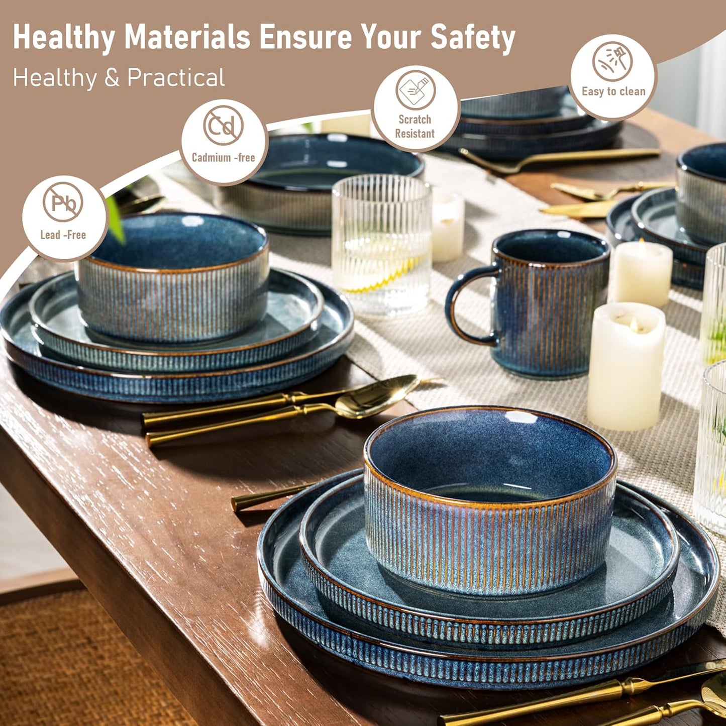 GBHOME Stoneware Dinnerware Sets for 8,Round Reactive Glaze Ceramic Plates and Bowls Set,Highly Scratch Resistant| Dishwasher & Microwave Safe Dishes Set,Service for 8(24Pcs)