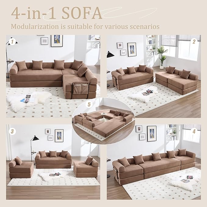 106" Oversized Convertible Sleeper Sofa Bed, Corduroy L Shape Sectional Couch, Folding Sofa Bed with Side Pocket, Modern Cloud Floor Mattress Couch, Modular Sofa for Living Room, Brown
