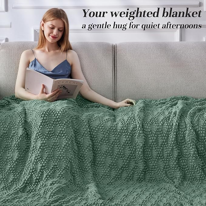 Knitted Weighted Blanket for Adult, Chunky Knit Weighted Throw for Sleep 48"*72" 10lbs, Cooling Breathable Heavy Blanket for Hot Sleepers, Machine Washable Blanket for Room Decor(HazeGreen)