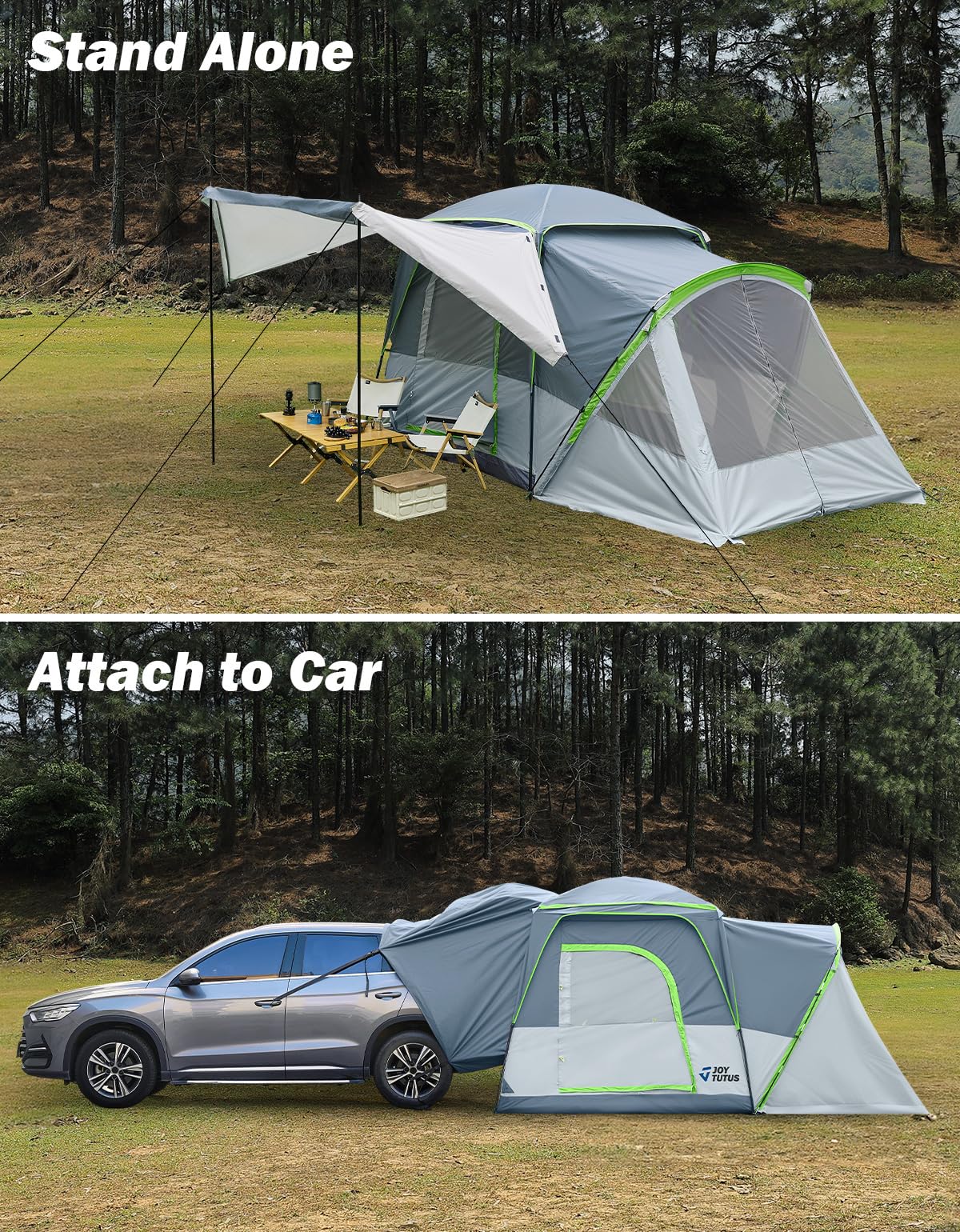 JOYTUTUS SUV Tent with Screen Porch, Rainfly and Awning for Family Camping, 60% More Space Car Tent for 5-9 Person, Dual-Use Camping Tent with 2 Rooms, Double Door, Starry Sky Roof, Gray Green