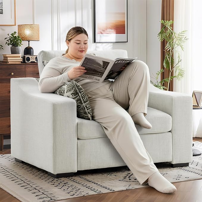 ELUCHANG 47" W Oversized Accent Chair Set of 2, Linen Fabric Modern Armchair, Washable Covers, Comfy Upholstered Large Chair Armchair Sofa Chair Reading Chair for Living Room Bedroom Office, Ivory