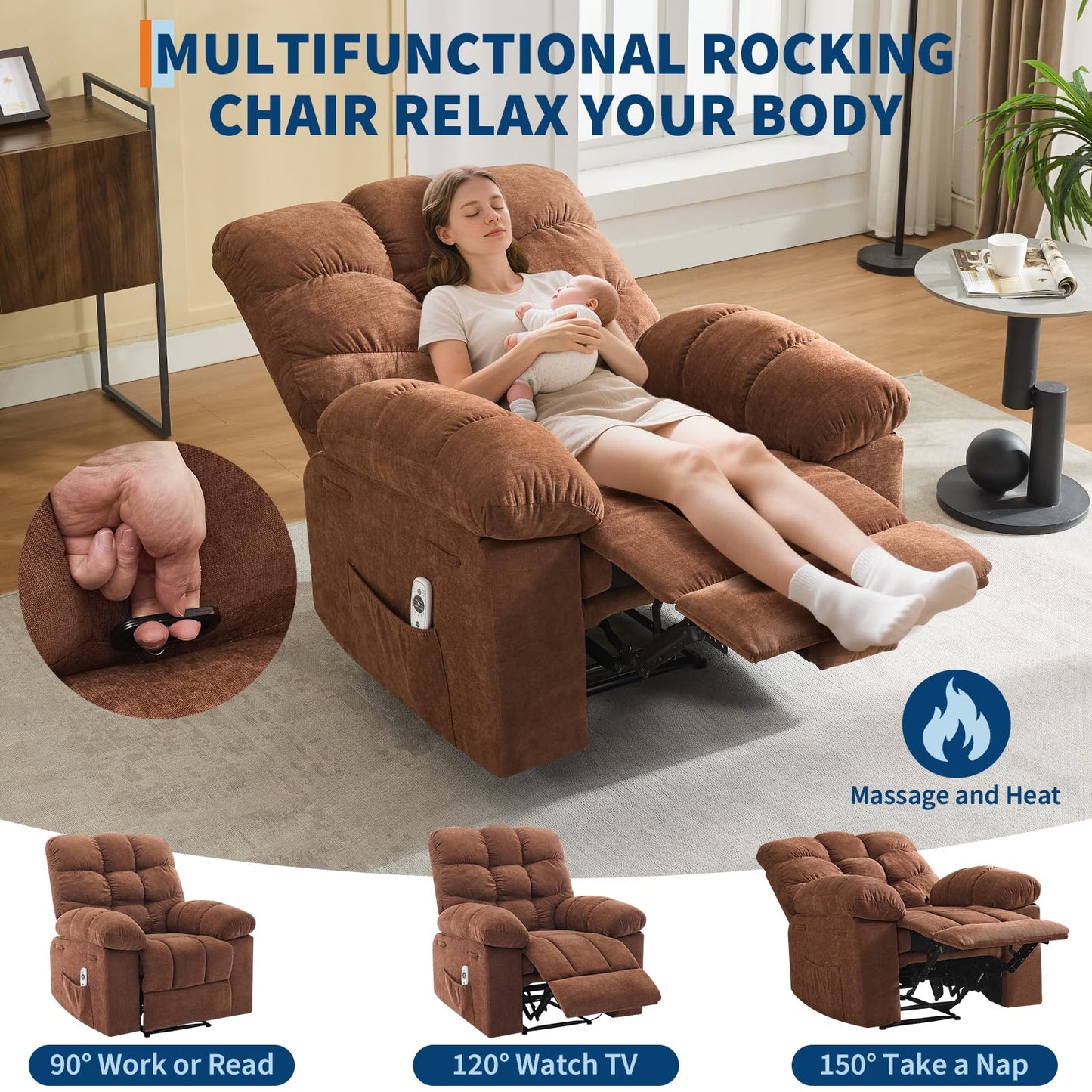 Dark Brown Ergonomic Recliner Chair - Overstuffed Rocking Recliner with Massage & Heat, Wide High-Back Linen Reclining Chair, Manual Adjustable with Remote & Dual Side Pockets for Living Room Bedroom