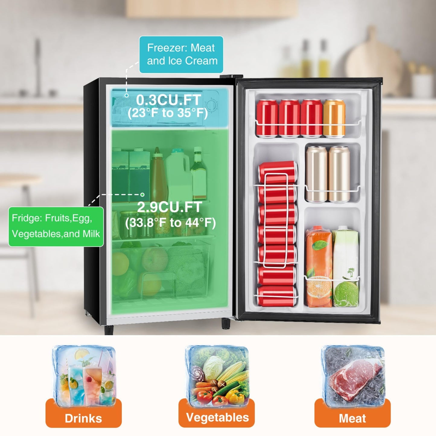 Sweetcrispy 3.2 Cu.Ft Mini Fridge with Freezer Small Refrigerator Single Door Adjustable Thermostat Energy-efficient Low Noise, Compact Fridge for Bedroom, Office, Dorm (Silver Door)