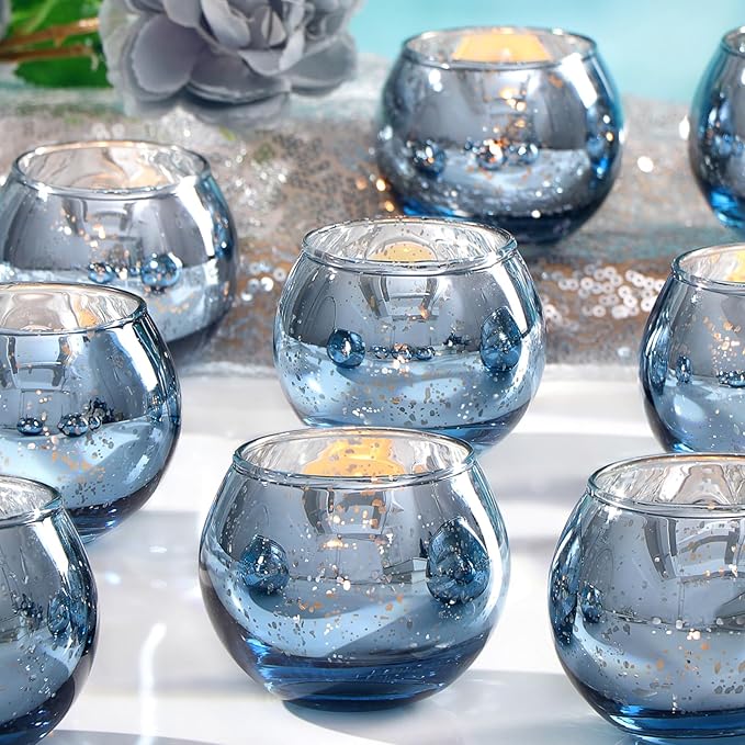 LAMORGIFT 24 Pcs Blue Votive Candle Holders Bulk- Blue Tealight Candle Holders for Wedding Decor, Mercury Glass Votives fo...
