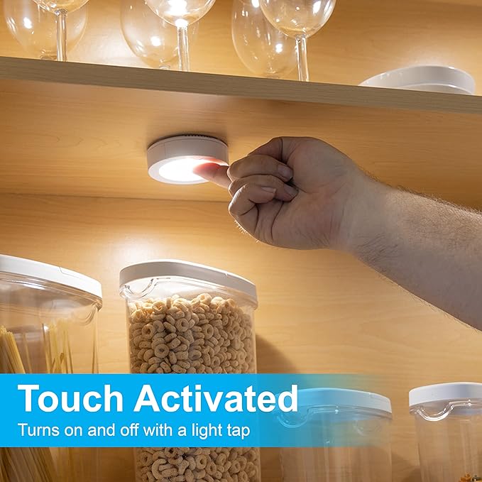 GE Wireless LED Puck Lights, Battery Operated, 20 Lumens, Touch Light, Tap Light, Stick On Lights, Under Cabinet Lighting, Ideal for Kitchen Cabinets, Closets, Garage and More, 4 Pack, 45997