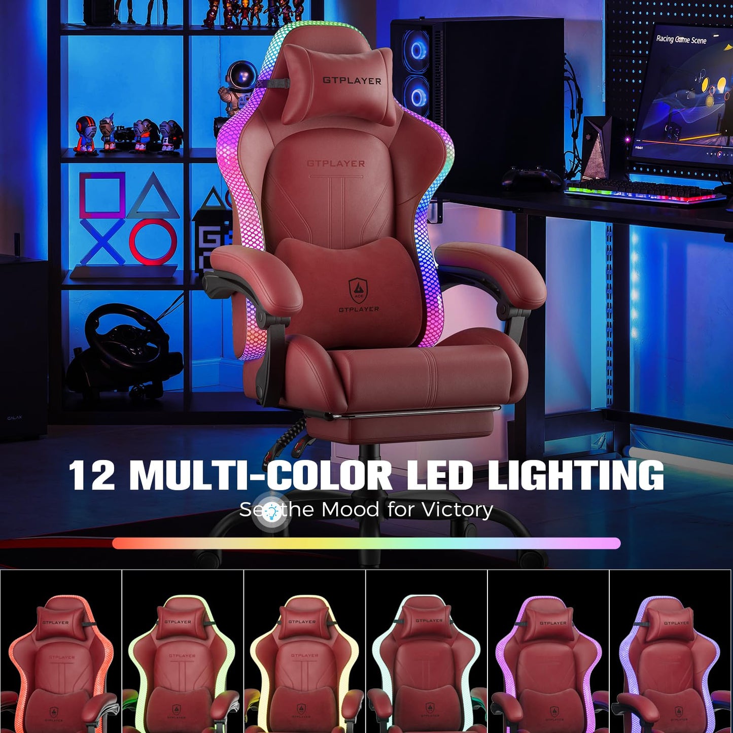 GTPLAYER Gaming Chair, Computer Chair with RGB LED Lights, High Back Ergonomic Chair for Adults with Footrest, Reclining Office Chairs, Linkage Armrest, Wine Red