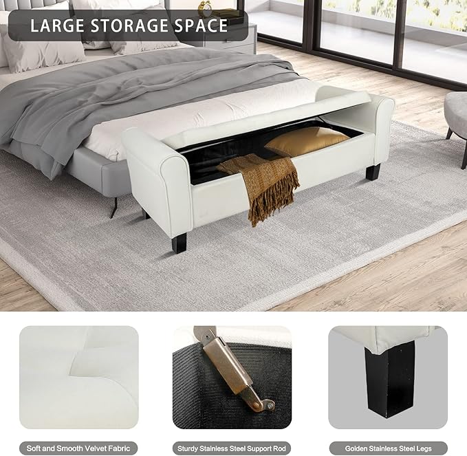 Babion Storage Bench for Bedroom End of Bed, Button Tufted Storage Ottoman Bench 51Inch, End of Bed Storage Bench with Upholstered, Rolled Arm Window Bench Seat with Solid Wood Legs, Beige