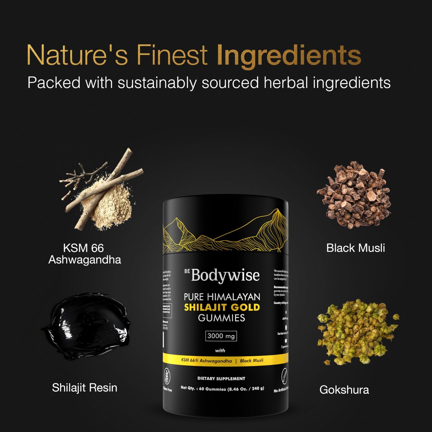 Be Bodywise Pure Himalayan Shilajit Gummies Gold I Lab Tested I No Added Sugar I Ashwagandha, Gokshura| Fulvic Acid & 85+ Trace Minerals I for Men, Women I Non-GMO I 100% Natural & Organic I 60 Gummy