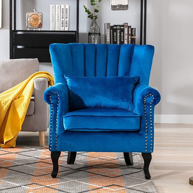 DM Furniture Mid Century Accent Chair Modern Tufted Wingback Armchair Club Chair Velvet Single Sofa Lounge Chair with Pillow for Living Room Bedroom, Blue