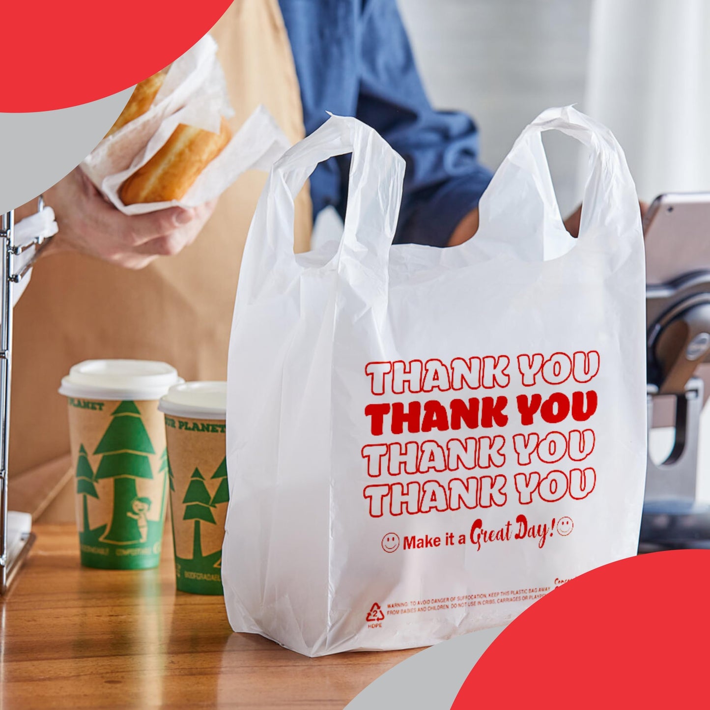Concession Essentials Disposable & Reusable Thank You T-Shirt Bags- Pack of 100