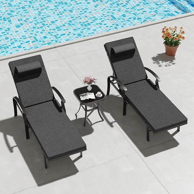 Trumbeak Patio Lounge Chairs Set of 3,Outdoor Lounge Chairs with 5 Adjustable Positions Backerst,Armrest Lounge Chair for Beach,Yard,Balcony,Poolside,Black