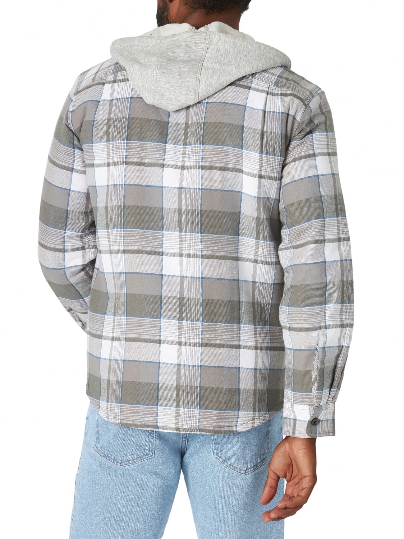 Wrangler Authentics Men's Long Sleeve Quilted Lined Flannel Shirt Jacket with Hood, Gray, X-Large