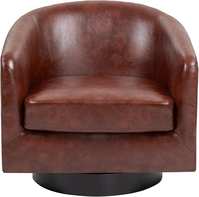 UIXE Swivel Accent Chairs Set of 2, Faux Leather Upholstered Armchair Barrel Club Chair for Living Room, Round Arm Chair Bedroom Single Sofa Reading Seat - Red Brown
