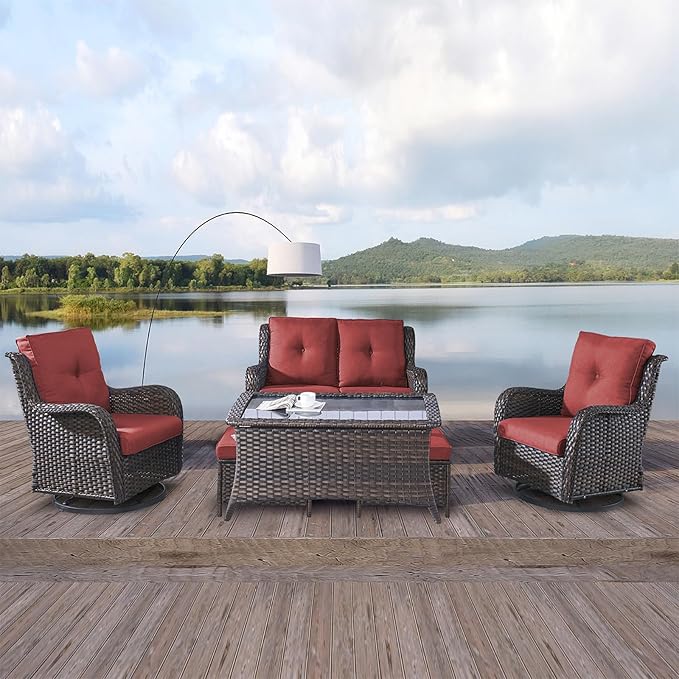 Rilyson Wicker Patio Furniture Set - 6 Piece Rattan Outdoor Sectional Conversation Sets with 2 Swivel Rocking Chairs,2 Ottomans,1 Loveseat and 1 Coffee Table for Porch Deck Garden(Brown/Red)