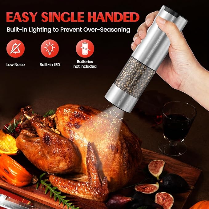 Salt and Pepper Grinder Set Electric Automatic Battery Pepper Mill Shakers Adjustable Coarseness Upgraded Larger Capacity with Led Kitchen Appliances Christmas Gifts for Women Men