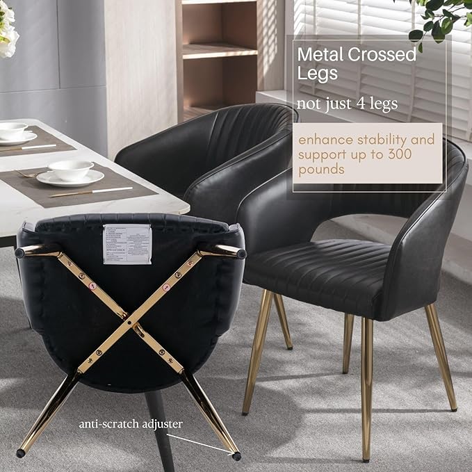 COMULER Faux Leather Dining Chairs Gold Legs, Modern Black PU Leather Dining Room Chairs with Arms Set of 6 Upholstered Accent Chair Armchair with Barrel Back for Kitchen Living Room