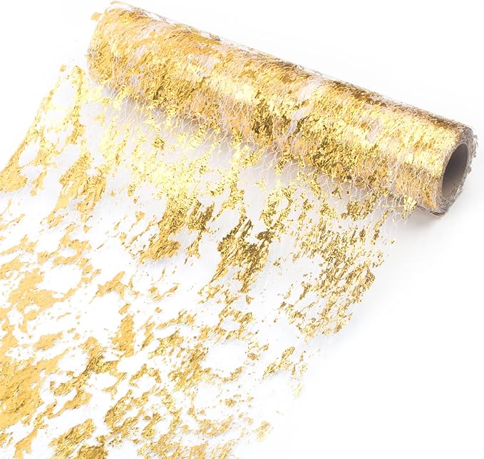 Ohanniewa Gold Table Runner 11 inch x 32 Feet Glitter Metallic Gold Foil Mesh Table Runner Roll Table Decorations for Wedd...