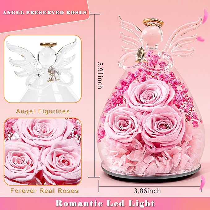 Beferr Valentines Day Rose Gifts for Her Women Mom Gifts for Birthday, Fresh Flowers for Delivery Forever Preserved Rose in Glass Angel Figurine, for Grandma Wife Daughter Girlfriend