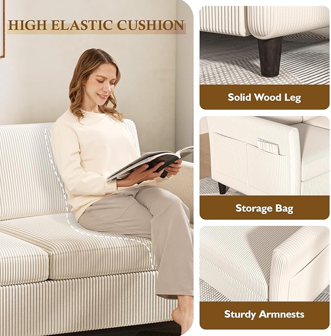 Valthie 60.6" Corduroy Loveseat Sofa, Modern Comfy Couches with Side Pocket, 2-Seater Sofa Couch for Living Room, Bedroom and Small Spaces,Beige