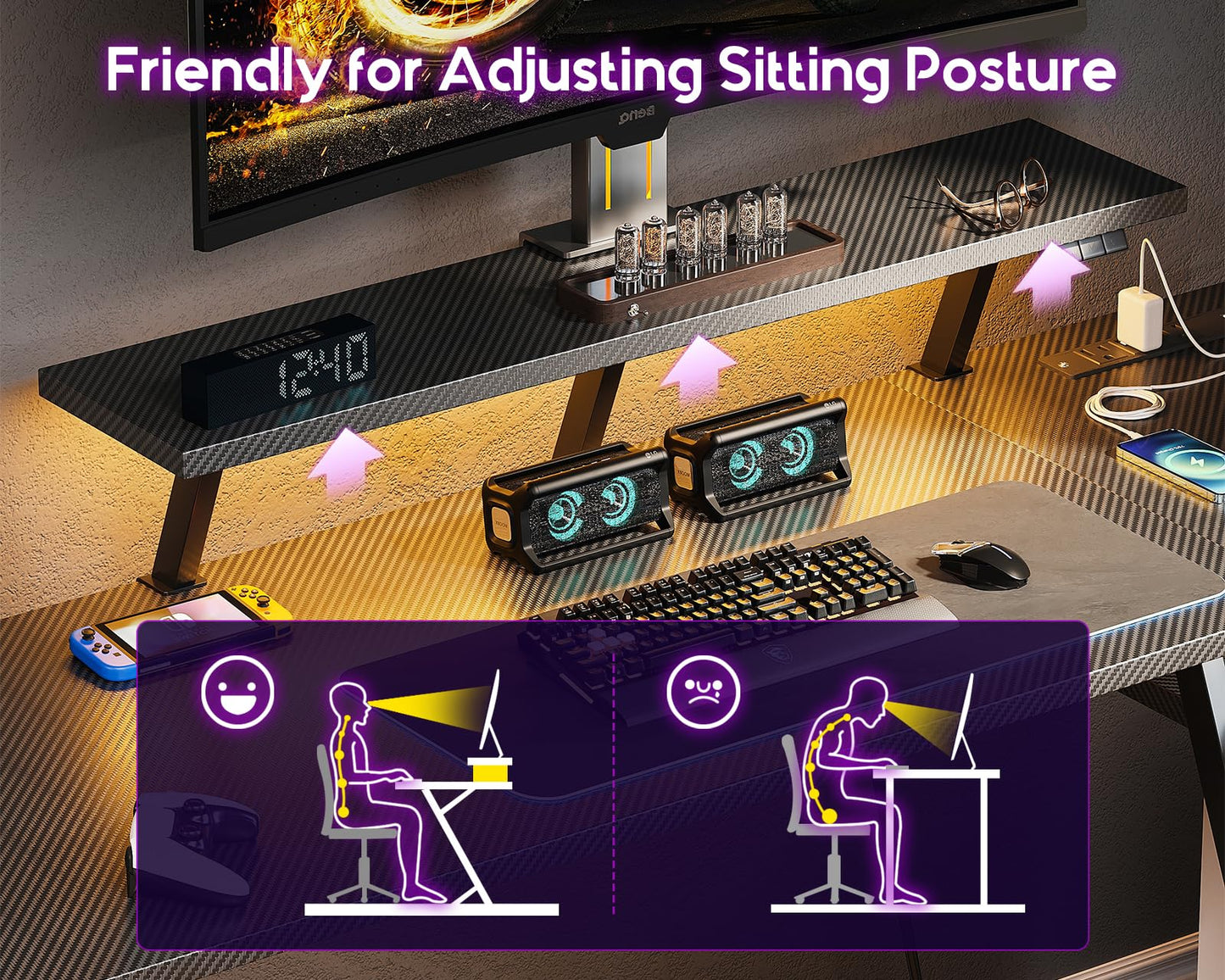 MOTPK Gaming Desk with LED Lights & Power Outlets, 55 Inch L Shaped Gaming Computer Desk with Storage Shelf & Monitor Stand, PC Table with Carbon Fiber Texture, Black