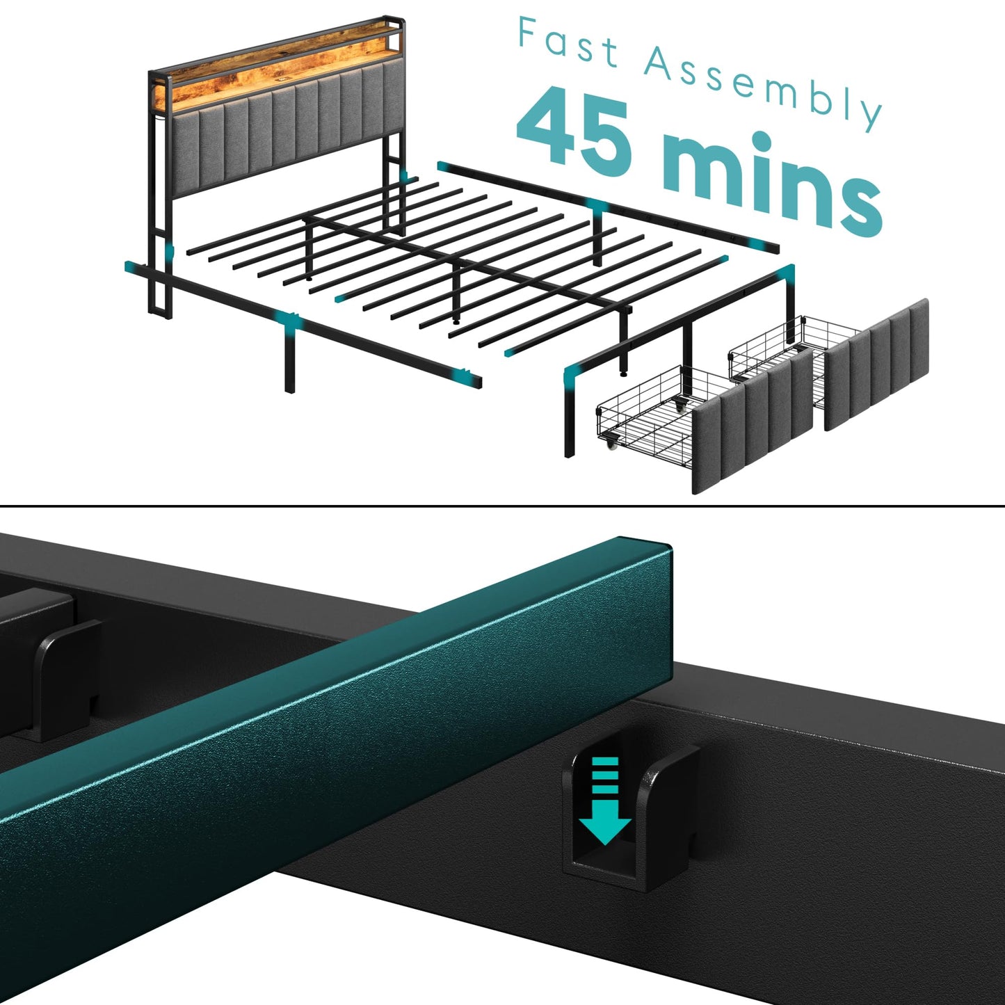 Queen Bed Frame with Storage, Upholstered Bed Frame with LED Lights Headboard and 2 Drawers, Charging Station, Noise-Free, No Box Spring Needed, Easy Assembly, Grey