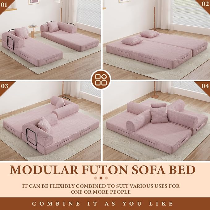 77" Convertible Sofa Bed, Modular Folding Futon Corduroy Floor Foam Compressed Loveseat Sleeper Sofa Couch, Pull Out Queen Size Couch Bed with 2 Pillows for Living Room Guest Room Studio, Pink