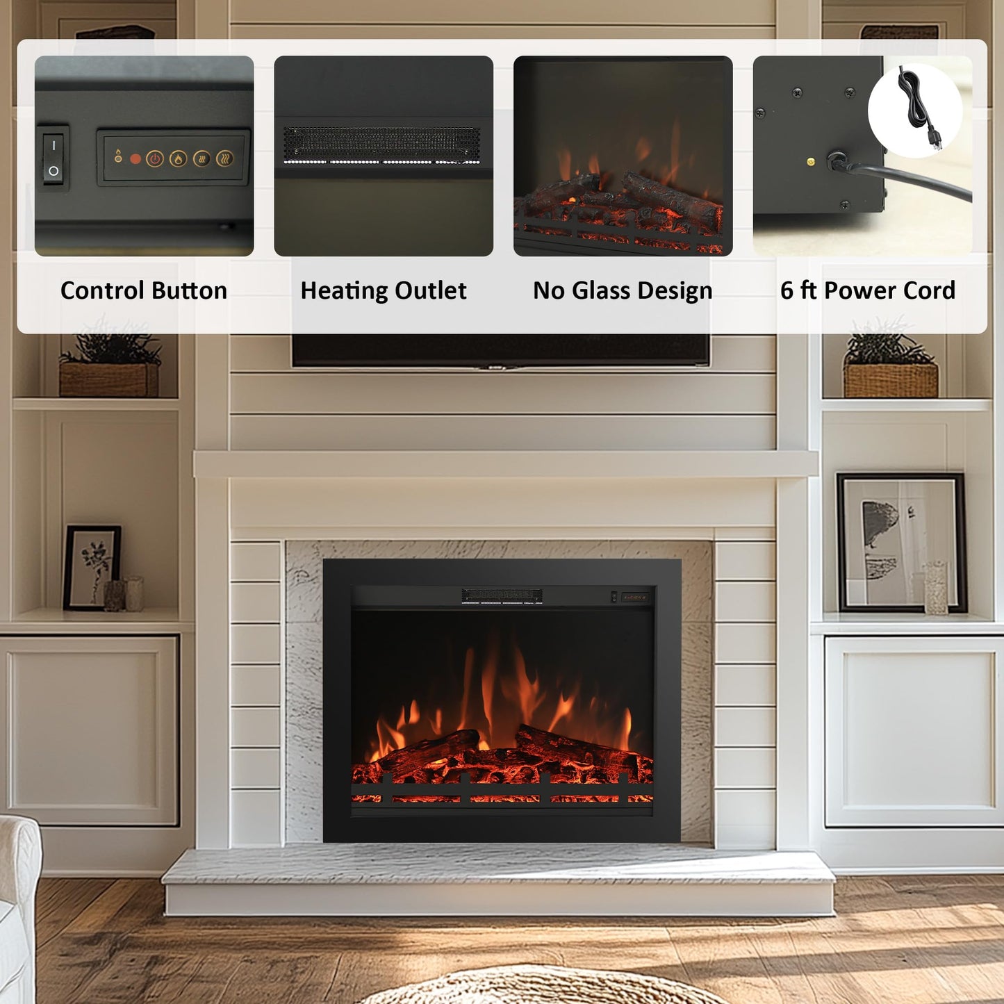 Rodalflame 25.3" Back Width Electric Fireplace Insert with 4 Flames Brightness & 750/1500W, Overheat Protection, No Glass Design