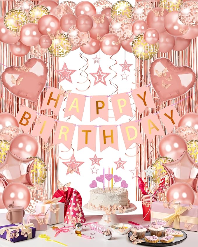 Lutoys Rose Gold Happy Birthday Party Decorations, Happy Birthday Banner, Rose Gold Foil Heart Star Confetti Balloons Curt...