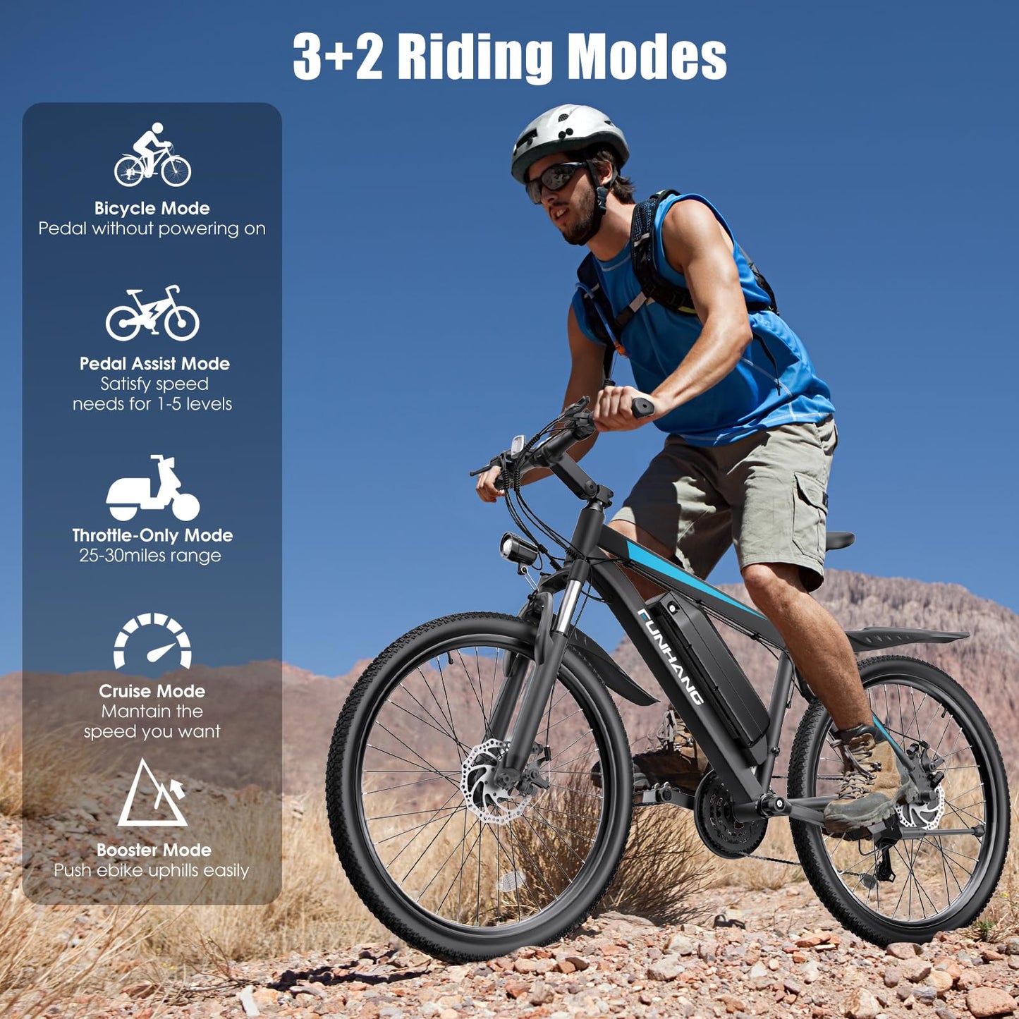 Funhang Electric Bike for Adults, Peak 1000W Ebike, 50Miles 21.7MPH Adult Electric Bicycles, 26" Electric Mountain Bike 48V 374.4WH Battery, Commuter E Bike with Adjustable Stem, Fenders, 21 Speed