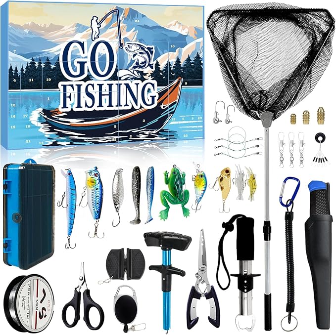 MH MYLUNE HOME Fishing Advent Calendar 2025-24 Days Fishing Tools and Lures Kit for Fisher Adult Men Teen, Fish Net, Hook ...