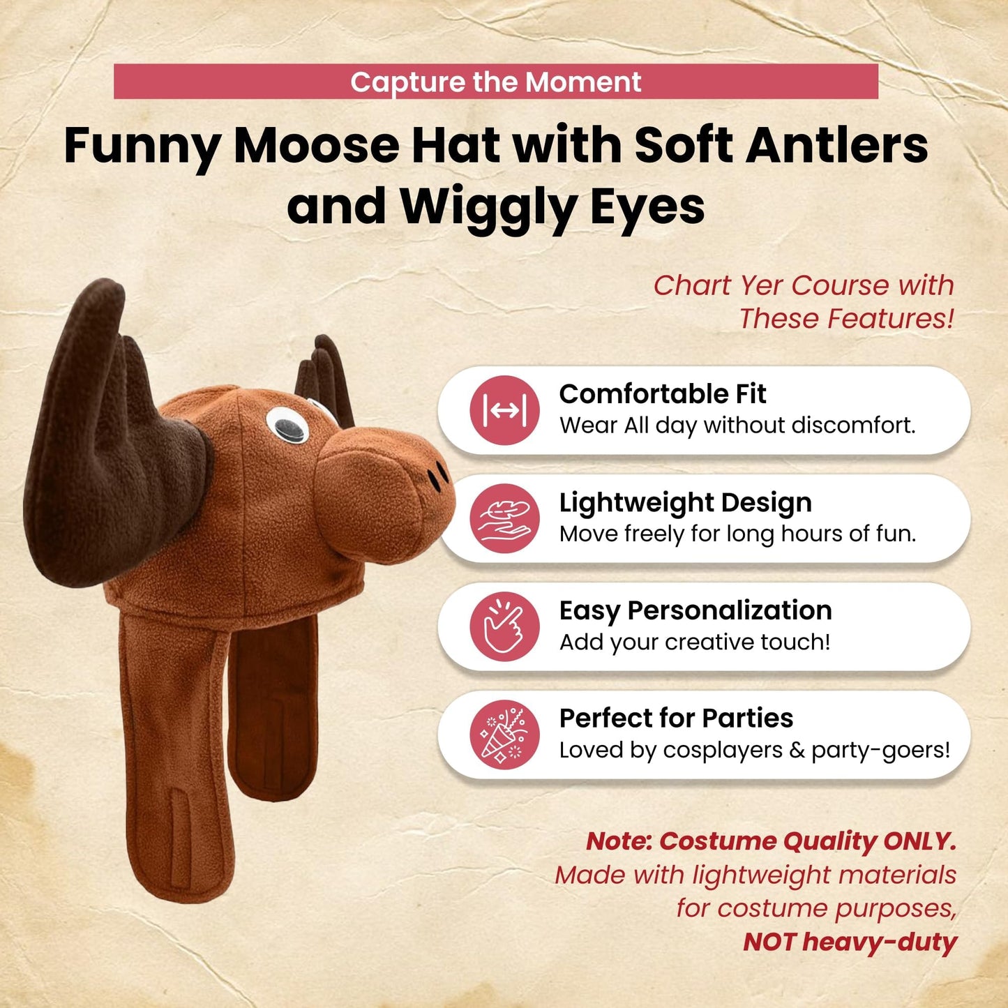 Nicky Bigs Novelties Funny Hats for Men & Adults Moose Hat with Stuffed Animal and Wacky Eyes, Moose Antlers Headband Hilarious Animal Hat for Cosplay, Halloween Costume, Party Accessory