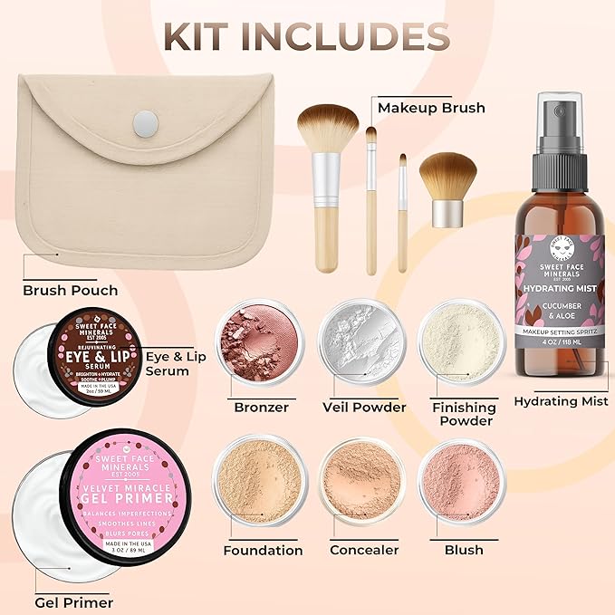 TIMELESS LOOK KIT (WARM Neutral Shade- Most Popular) Full Size Mineral Makeup Set Matte Foundation Bare Face Sheer Powder Cover