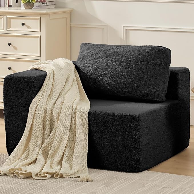Furnify 40" Giant Bean Bag Chair for Adults, Upholstered Floor Sofa Couch with Pillow, Teddy Boucle Sofa for Bedroom Living Room, No Assembly Required (Black, Teddy Boucle)