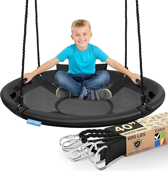 SereneLife 40" Saucer Swing - Outdoor Swing Set with Universal Hanging Kit, Swinging Seat Spinner with Pillow & Carry Bag, Weatherproof, Water-Resistant, Supports Up to 700 lbs, Black