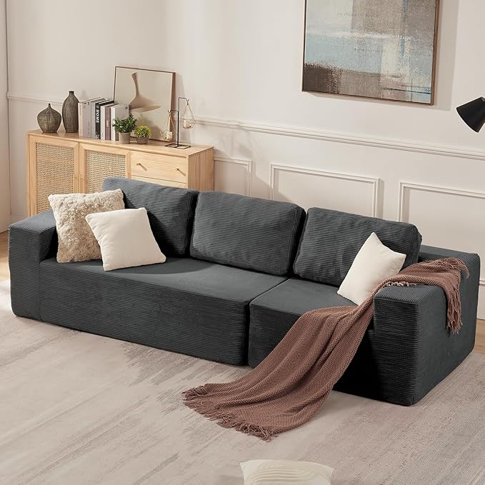 Furnify 106" 3-Seater Sofa, Cloud Modular Sofa with Certified Foam, Upholstered Floor Sofa with Deep Seat, Upholstered Sofa for Bedroom Living Room, No Assembly Required (Corduroy Fabric, Grey)