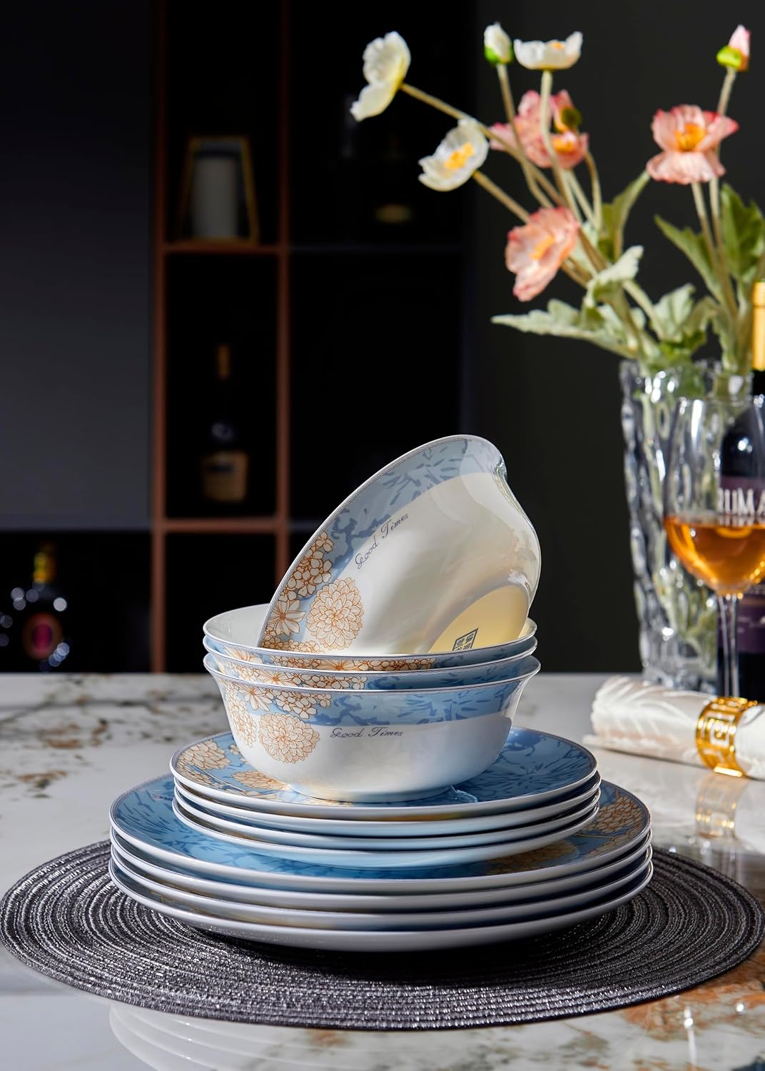 Bone China Plates and Bowels,12-Pieces Dinnerware Sets, Highly Chip and Crack Resistant, Dishwasher & Microwave Safe Dishes Set, Dense and Translucence