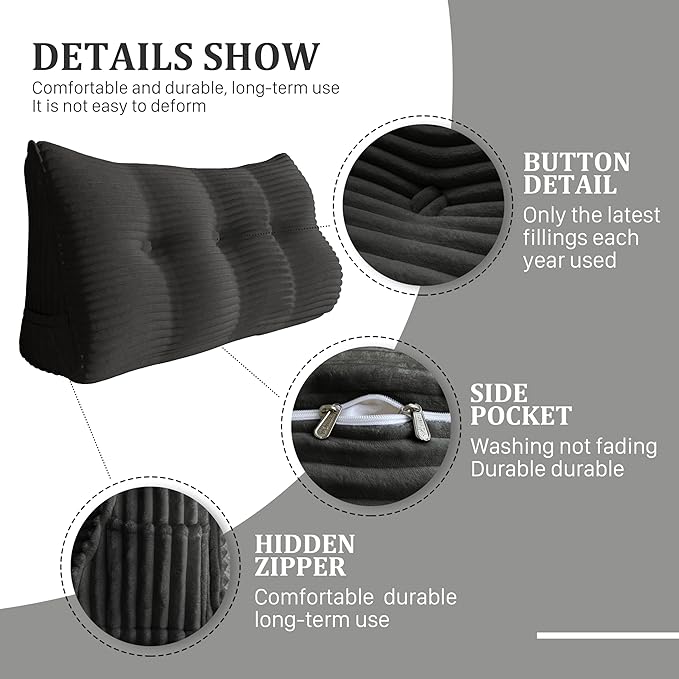 Wedge Headboard Pillow Dorm Room Reading Pillow Back Support for Sitting Up in Bed Bolster Lumbar Cushion Body Positioning Bedrest Corduroy (Black, Twin (39 * 8 * 20in))