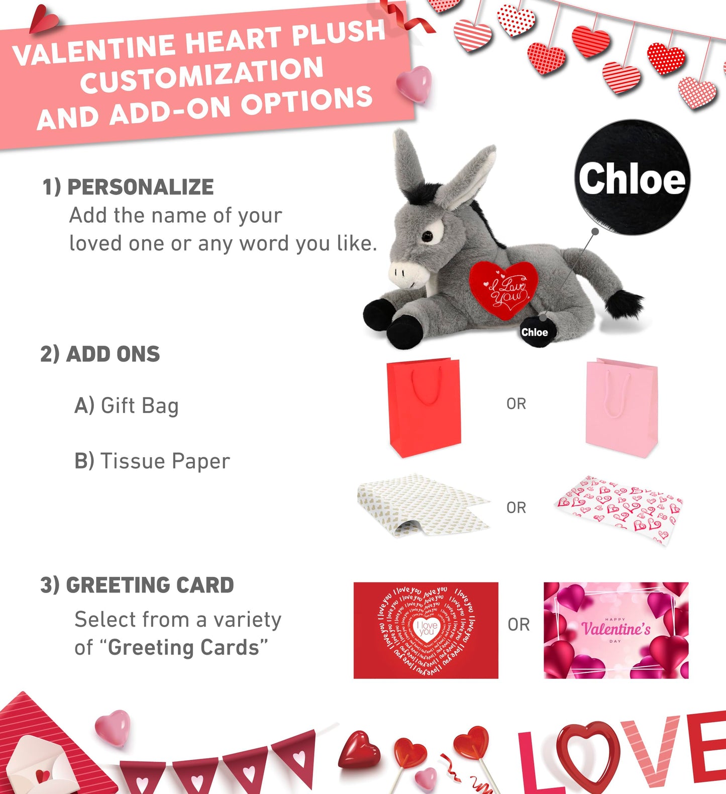 DolliBu I Love You Valentine Plush Super Soft Laying Donkey - Cute Stuffed Animal with Red Heart and Name Personalization Gift for Valentines Day, Birthday, Anniversary, Romantic Date - 9 Inches