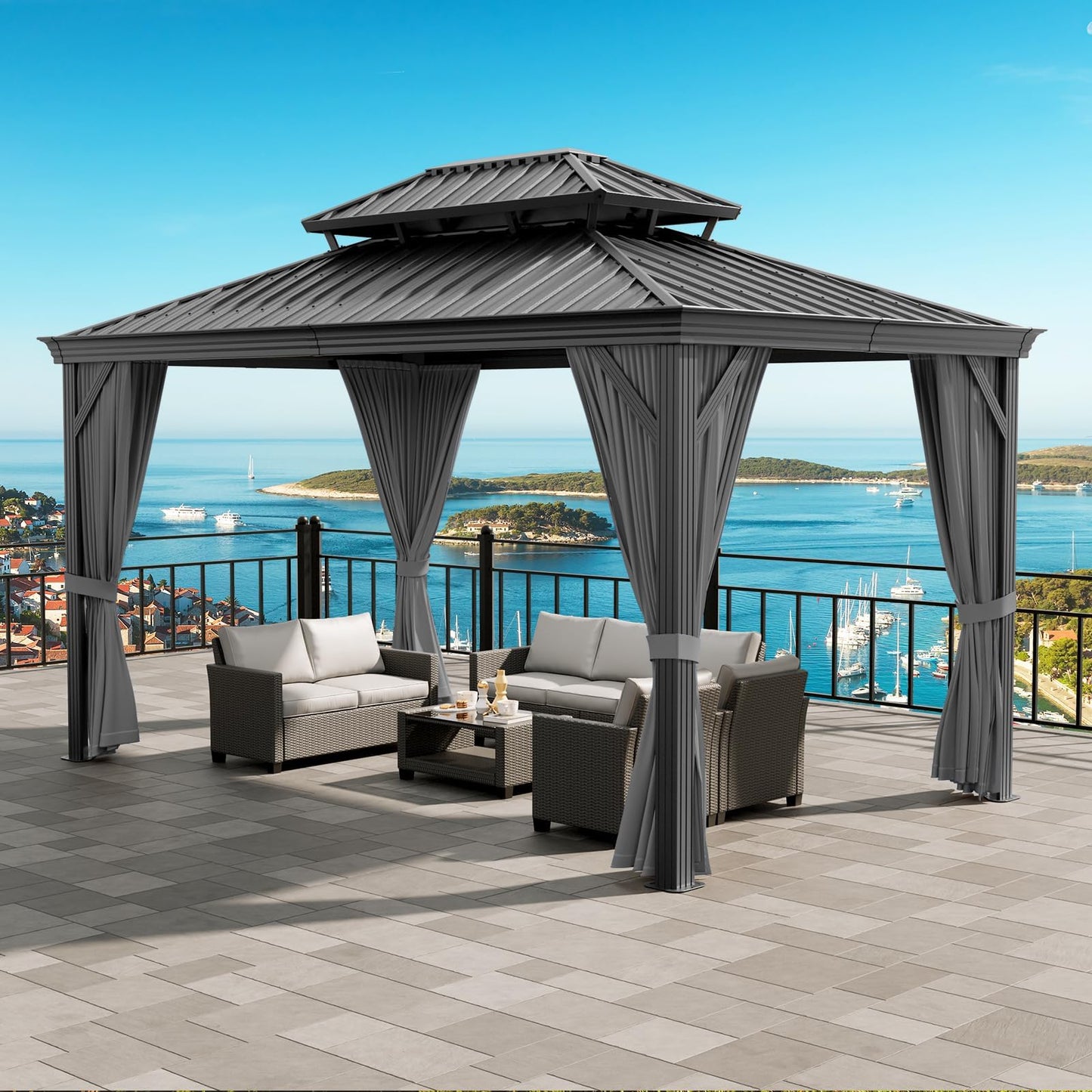 IDEALHOUSE 12x14 ft Hardtop Gazebo with Double Metal Roof, Permanent All-Weather Pavilion with Iron Frame, Netting and Privacy Curtains for Patio, Garden, Black & Gray