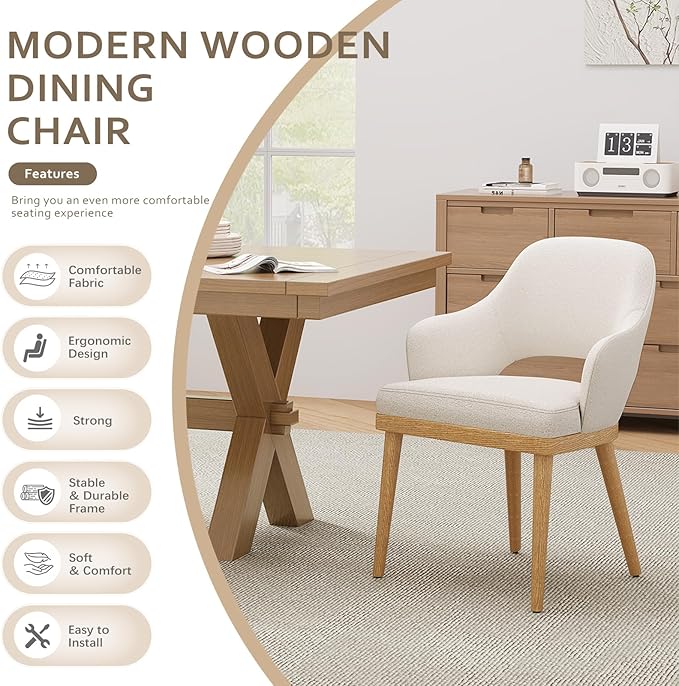 MALOL Wooden Dining Chairs Set of 4, Modern Fabric Upholstered Dining Room Chair, Kitchen Side Chairs, Farmhouse Dinner Chair with Open Back for Kitchen, Beige