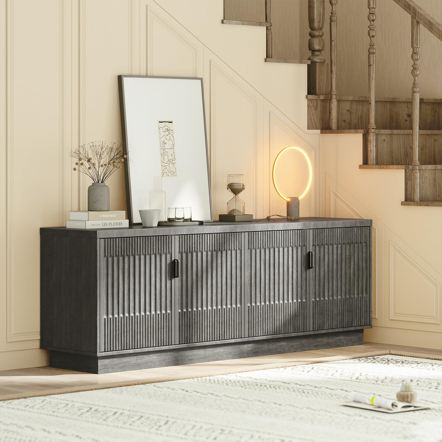 Farmhouse TV Stand for Television Up to 75 Inches, 4 Fluted Doors Rustic Entertainment Center with Storage & Adjustable Shelves, Mid Century Modern Wood TV Consoles for Living Room Bedroom, Black
