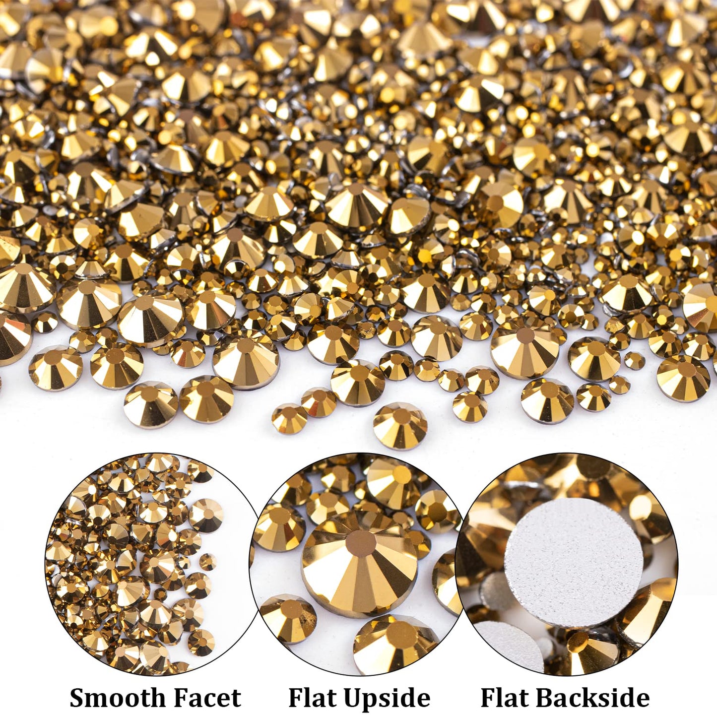 One Pack 2000 Pcs of Flatback Round Mineral Gold Rhinestones 6 Sizes (1.5-6 mm) with Nail Art Rhinestone Picker Pencil and Tweez
