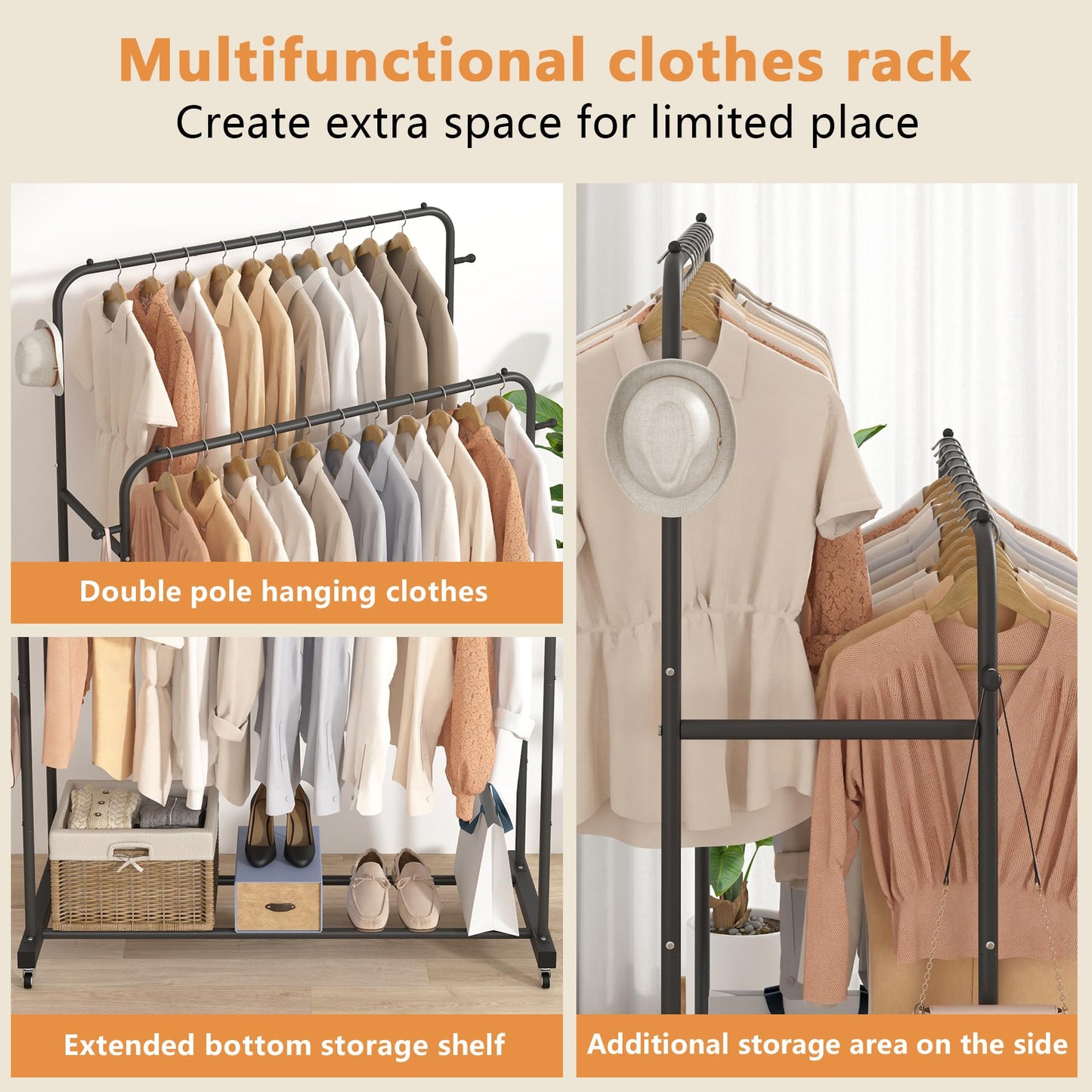 Laiensia Double Rods Garment Rack with Wheels, Clothing Rack for Hanging Clothes,4 Hooks, Multi-functional Bedroom Clothes Rack, Black
