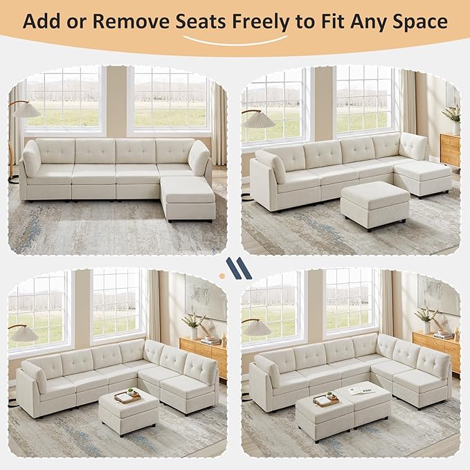 VANOMi 6 Seater Sectional Couches for Living Room, 118" Convertible Modular Cloud Sofa, Comfy Chenille Sofas & Couches for Living Room, Apartment, Office, White, L/U Shaped