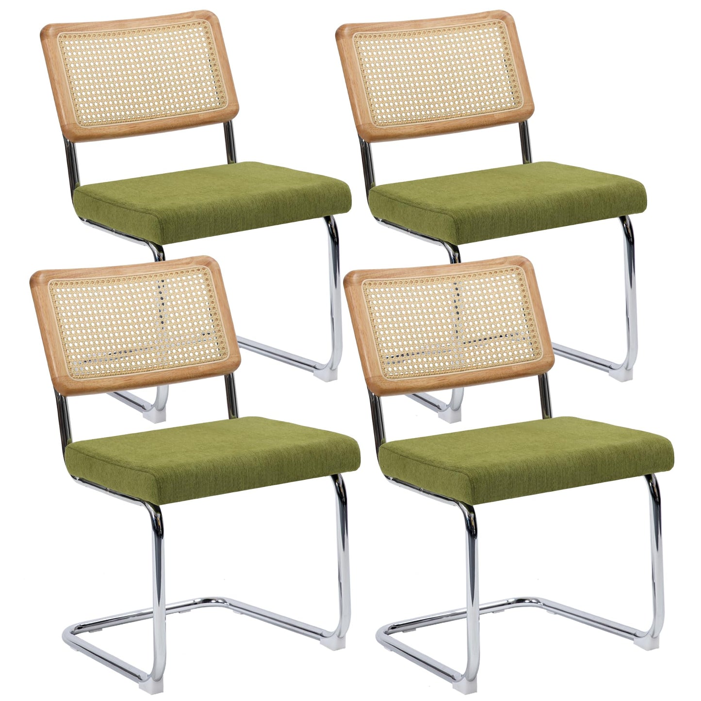 KROFEM Modern Cesca Cane Dining Chairs, Set of 4, Handwoven Rattan Cane Back, Chrome Base, Upholstered Cotton Seat, Ideal for Kitchen or Dining Room, Green