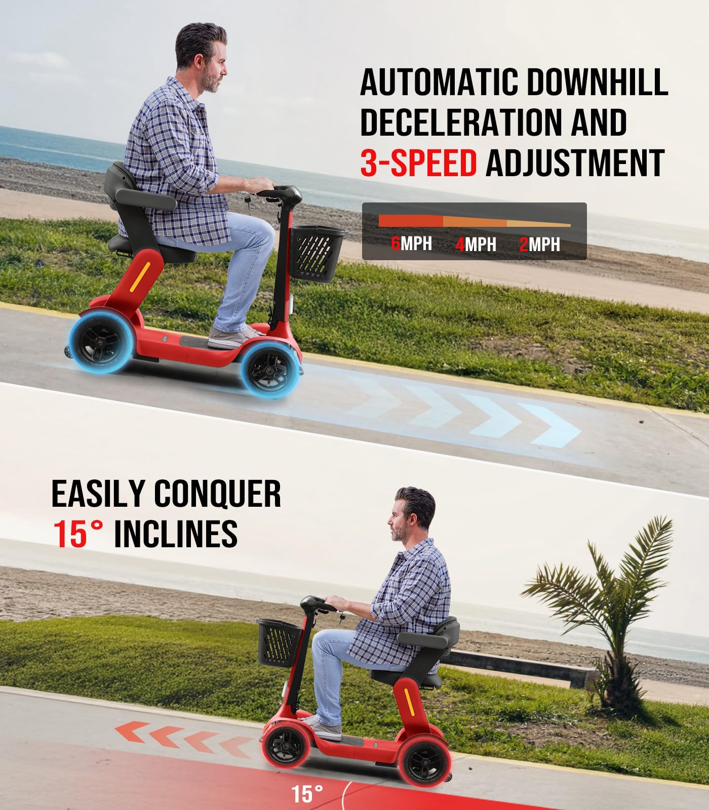 Glashow S3 Foldable Mobility Scooter for Seniors and Adults – 4-Wheel Lightweight Electric Scooter, 25-Mile Range, 6 mph Max Speed, 265 lb Capacity, PAI Safety System for Outdoor Travel- Red