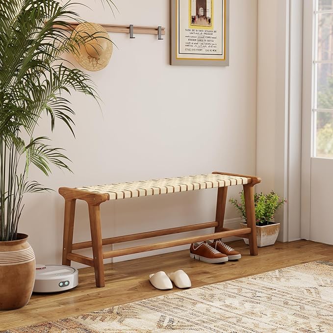 Tangkula Teak Wood Outdoor Bench, Patio Backless Wooden Dining Bench with Weave Seat, Solid Wood Legs, Indoor & Outdoor Wooden Bench for Porch, Backyard, Deck, Entryway (Natural,2)