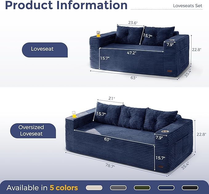 MAXYOYO Boneless Couch and Loveseat Sets for Small Spaces, Mini Love Seat Floor Couch with Cup Holders and Pillows, Upholstered Cloud Couch for Bedroom Apartment, No Assembly Required